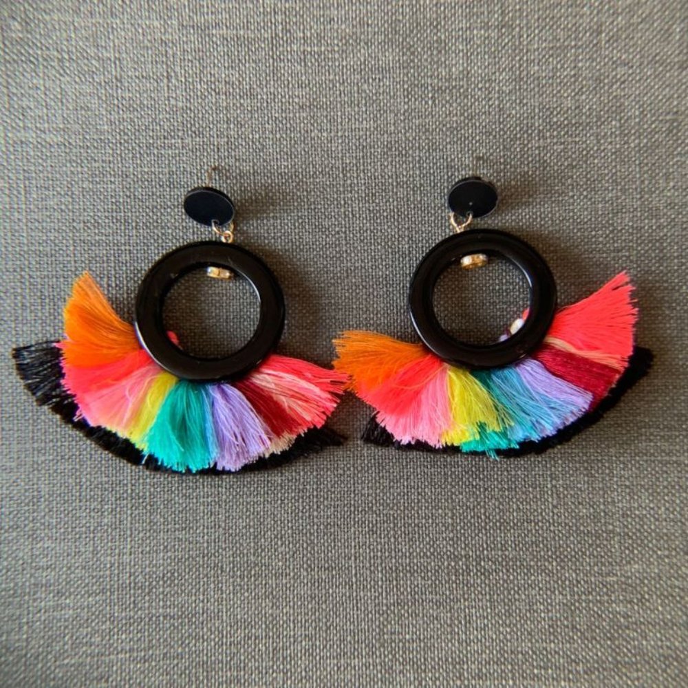 Black and Multi Color Tassel Drop Earrings